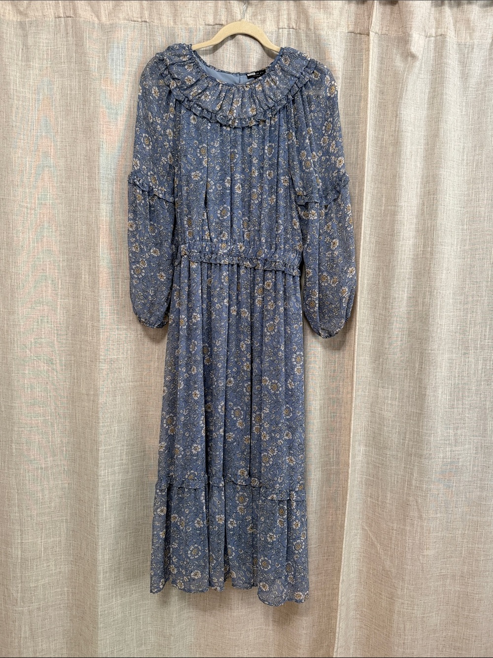 Current Air Blue Floral Ruffle-Trim Midi Dress